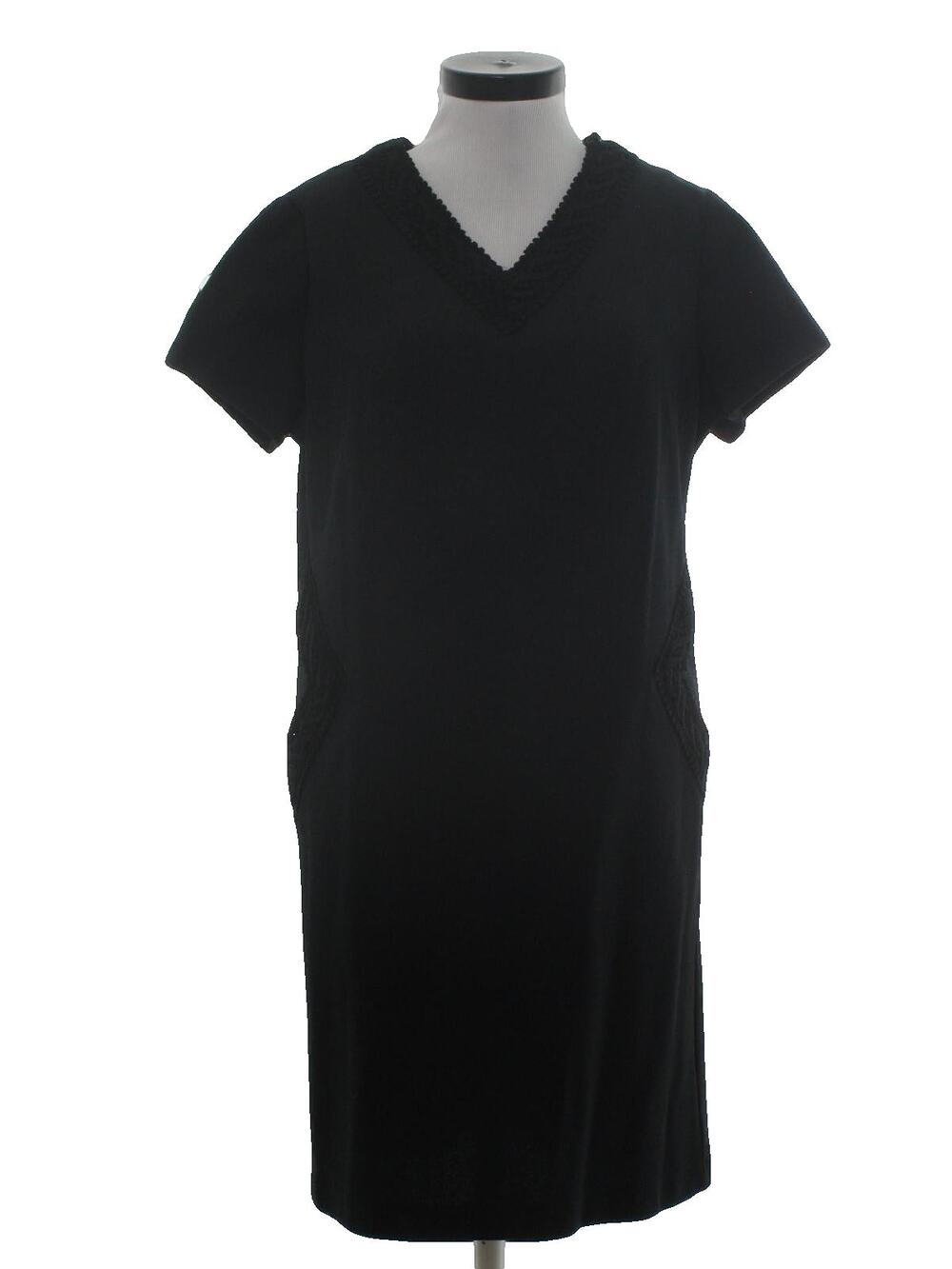 Vintage 1960s Black Shift Cocktail Dress Lace Trim Pocket Mid Length Home Sewn